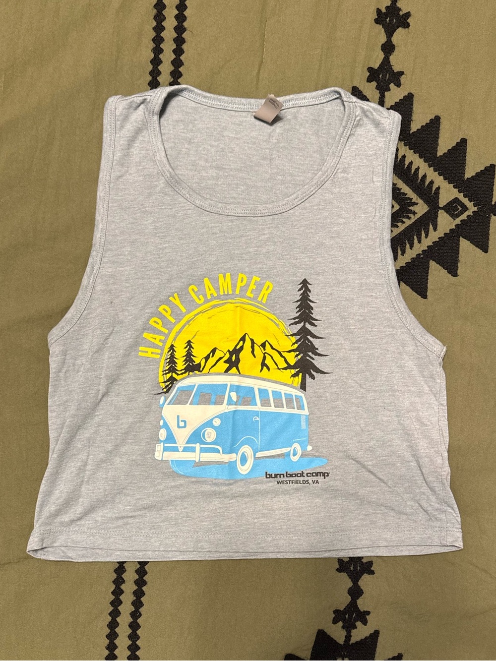 Burn Boot Camp Cropped Happy Camper Graphic Tank Top - Blue Gray